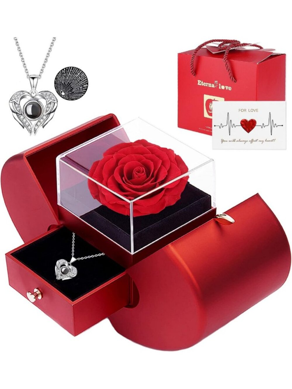 Real Preserved Rose with 100 Languages 'I Love You' Necklace - Perfect Gift for
